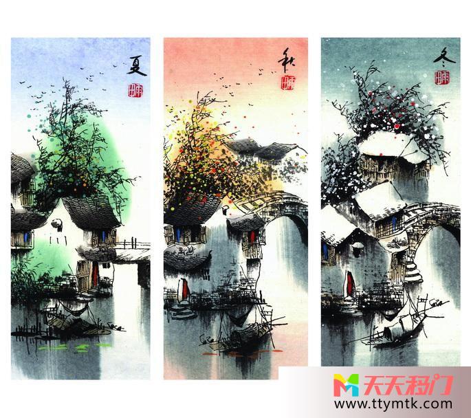 房子树字夏秋冬移图 中国画风EM-3018夏秋冬