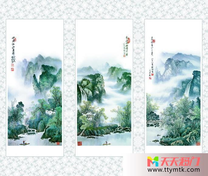 山水画三张移图 山水画阳台玻璃移门图库大全RYA-251