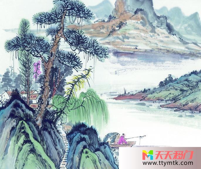 水墨画山林人家垂钓移图 描一幅山水人家N-1564垂钓