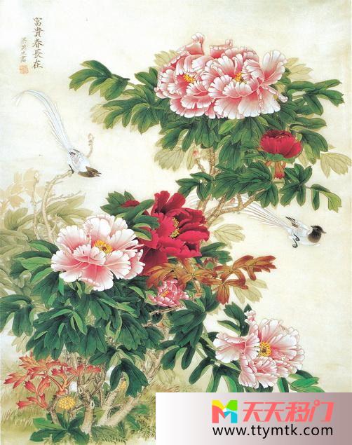 鸟富贵春常在牡丹移图 雀鸣富贵阳台移门图片N-1598