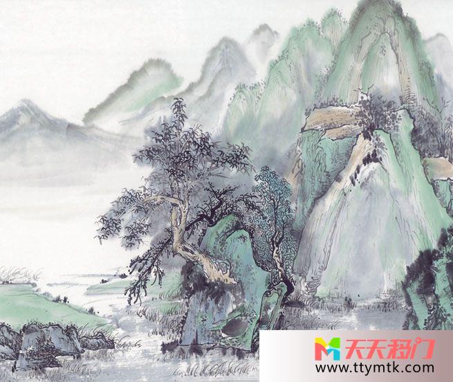 青山树林水墨画听风移图 山水画浴室钢化玻璃移门C-3364听风