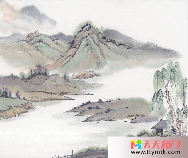 江水山水墨画移图 山河有情钛合金衣柜移门图片C-3388