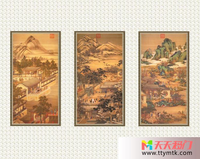 油画古典中国风移图 油画客厅玻璃移门TXC468