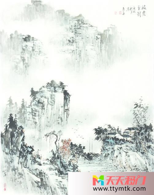 水墨画山高雅移图 青葱山色玻璃移门图GE-8027